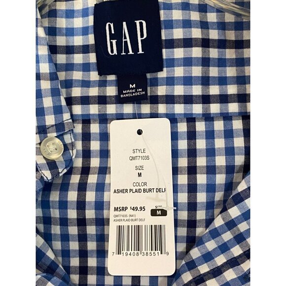 Gap Asher Plaid Short Sleeve Poplin Shirt Blue & White Pocket Men's Medium NWT - Picture 4 of 8